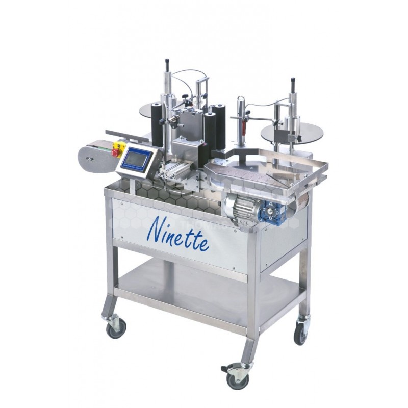 Étiqueteuse automatique Ninette 1 poste sur convoyeur chassis inox