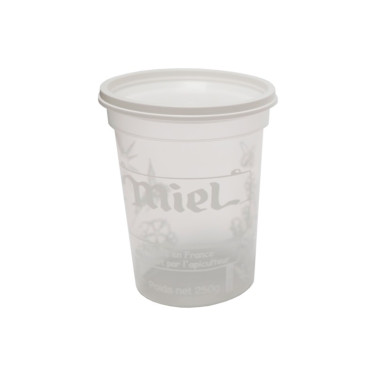 POT PLASTIQUE NICOT 250 GR PEP MIEL TRANSP AVEC IMPRESSION BLANCHE