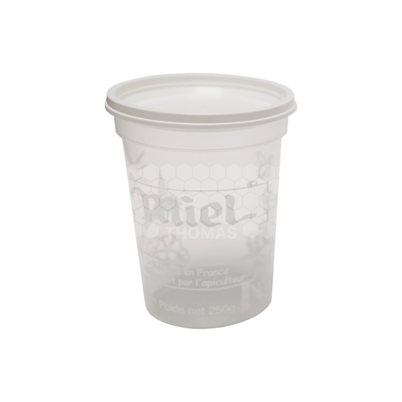 POT PLASTIQUE NICOT 250 GR PEP MIEL TRANSP AVEC IMPRESSION BLANCHE