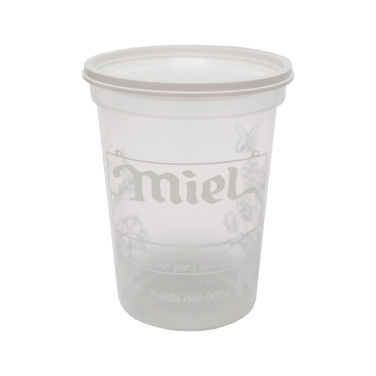 POT PLASTIQUE NICOT 500 GR PEP MIEL TRANSP AVEC IMPRESSION BLANCHE