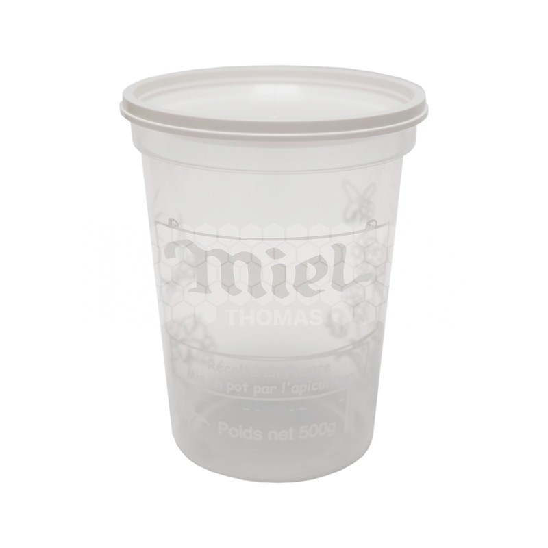 POT PLASTIQUE NICOT 500 GR PEP MIEL TRANSP AVEC IMPRESSION BLANCHE