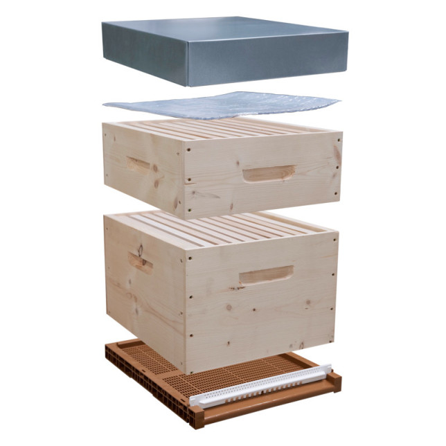 Ruche mi-bois Dadant 10 cadres Pribois avec toit plat et cadres